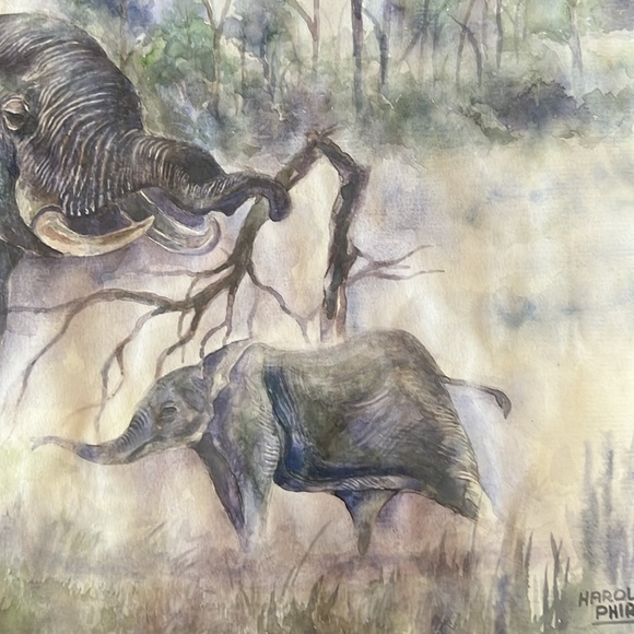 Water color African Elephant Mama and Baby Painting - Picture 4 of 11